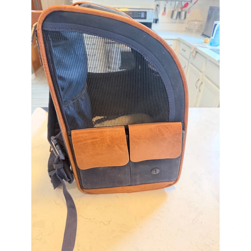 Pet Carrier Backpack Navy Canvas Faux Leather Trim Small Dog Cat Travel Bag